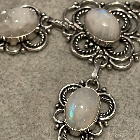 Moonstone Necklace Floral Drop Design Silver Scroll 6 Moonstones V Drop - Picture 11 of 12